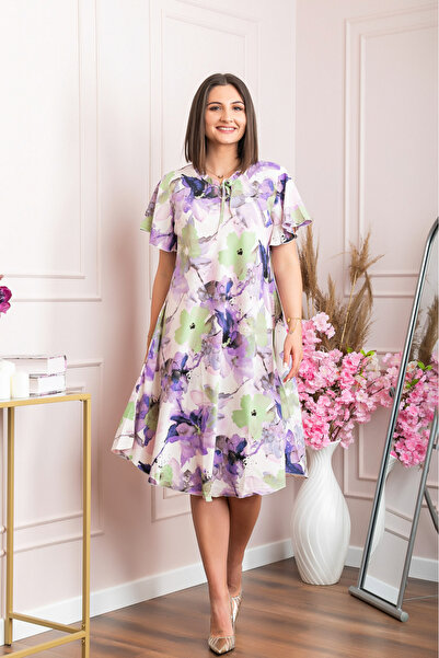 OEM Rochie elegantă cu tiv asimetric și imprimeu floral violet și verde