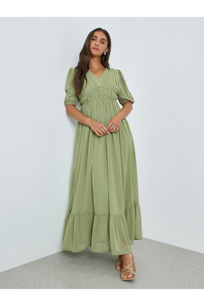 Styli Olive Ruched A-Line Maxi Dress