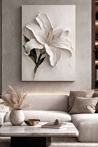 EvimeTablo Beyaz Zambak Çiçeği Kanvas Tablo – Modern Minimalist Salon Duvar T...