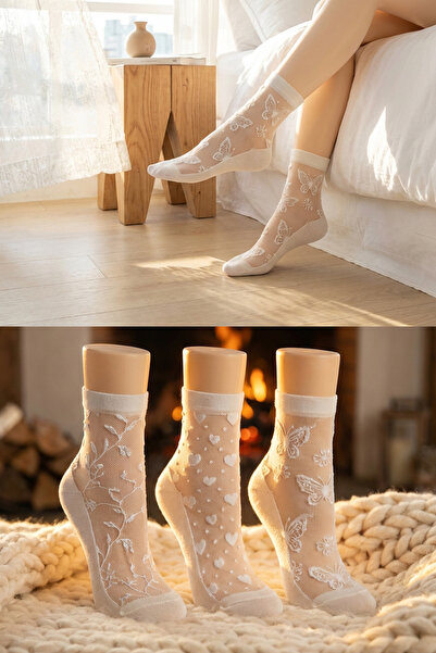 BGK 3 Pairs of Women's Black Patterned Tulle Socks – Stylish Sheer Socket Socks