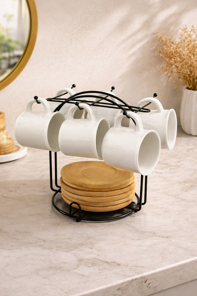 YzHome 6-Person Porcelain Coffee Cup Set with Bamboo Saucers and Cup Hanger O...