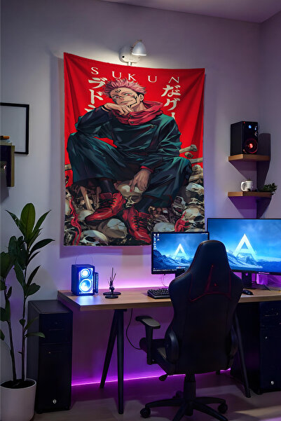 Halura Sukuna Jujutsu Kaisen Duvar Örtüsü– Kaliteli Kumaş, Gamer Oda Dekoru T...