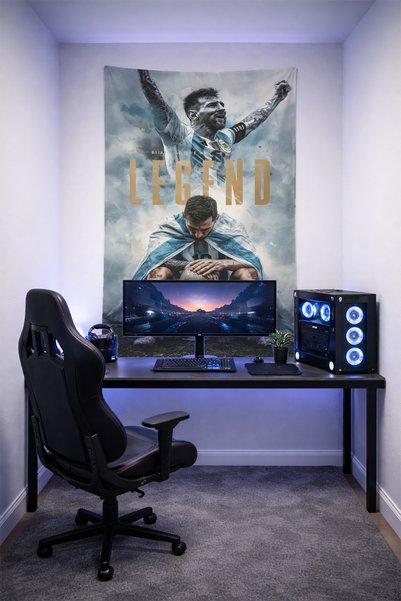 Halura Messi Legend Football Player Wall Covering– Quality Fabric, Gamer Room Decor Tapestry Wall Rug Si