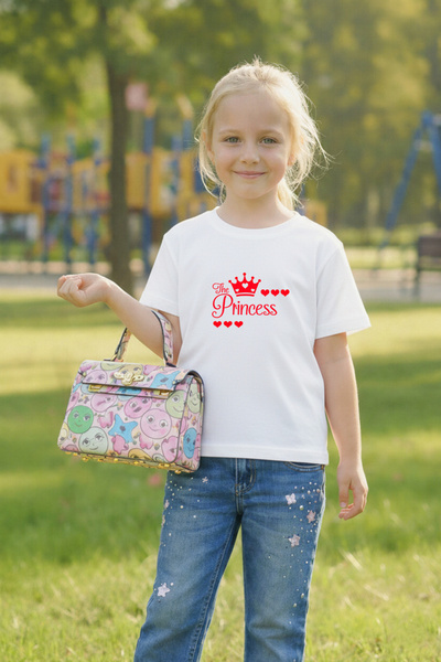 VODEXA Tricou cu imprimeu THE PRINCESS pentru fete, 100% bumbac – Tricou de v...