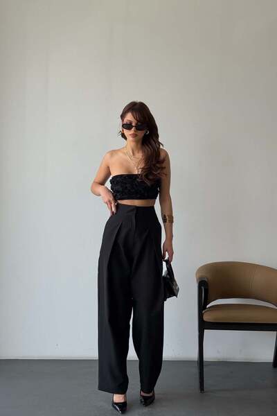 MyLoore Pantaloni negri din țesătură dublă pentru femei material elastic tali...