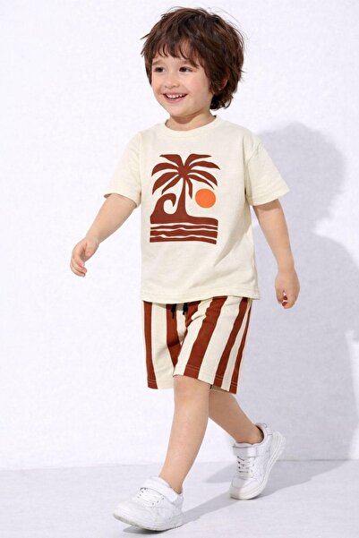 BOYS NEW SEASON PALM PRINT STRIPED SHORTS&TSHIRT BOTTOM TOP SET