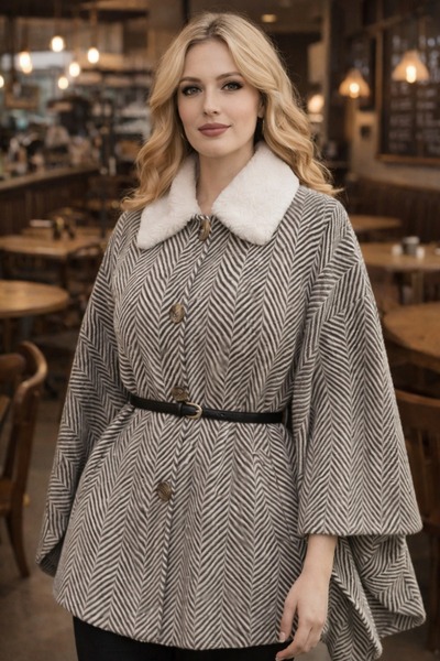 İpli Women's Oversized Poncho Fur Collar Button and Belt Detail