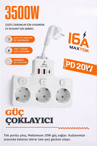 Wair Teknoloji Termal Akım Korumalı 3’lü Duvar Tipi Priz 2x Usb 1x Type-c Çık...