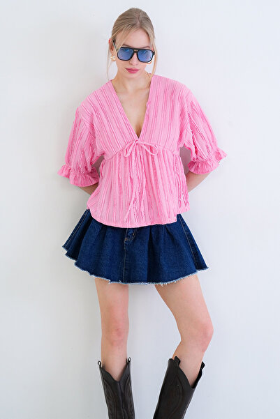 Trend Alaçatı Stili Γυναικεία ροζ μπλούζα με λαιμόκοψη V και τριών τετάρτων μ...