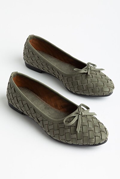 Hayalimdeki Ayakkabı Bero Women's Khaki Hand Knitted Bow Orthopedic Ballet Flats