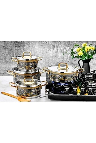 Muhtelif طقم أواني طهي أوزليفي إشيل 8 قطع باللون الأصفر المزخرف