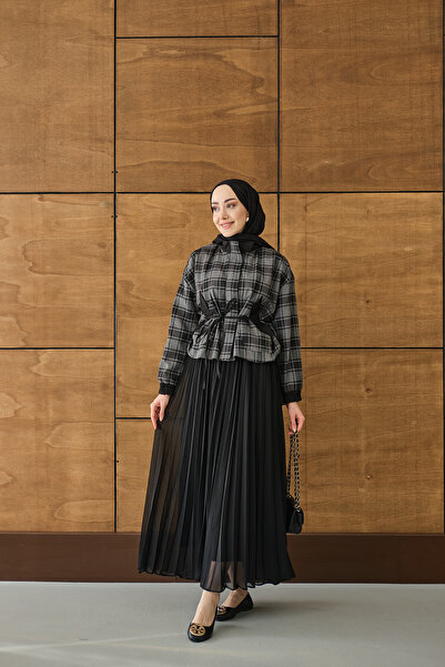 LOCCO Women's Invisible Zipper Piece Plaid Pattern Skirt Tulle and Pleated De...