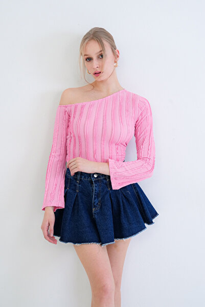 Trend Alaçatı Stili Pembe Tek Omuz İspanyol Kol Fırfır Kumaş Bluz Alc-X15421
