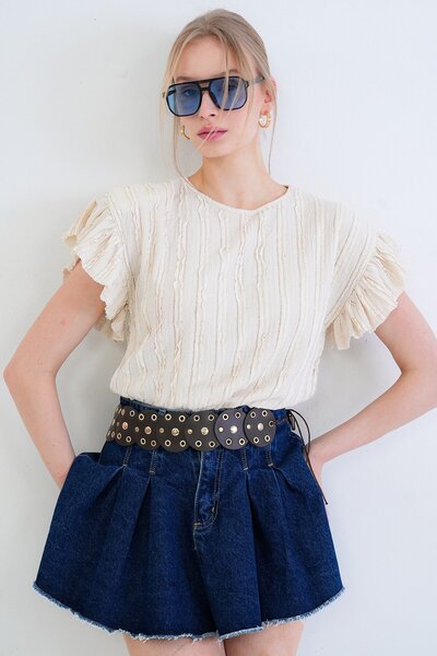 Trend Alaçatı Stili Women's ecru crew neck ruffled sleeve knitted blouse alc-...