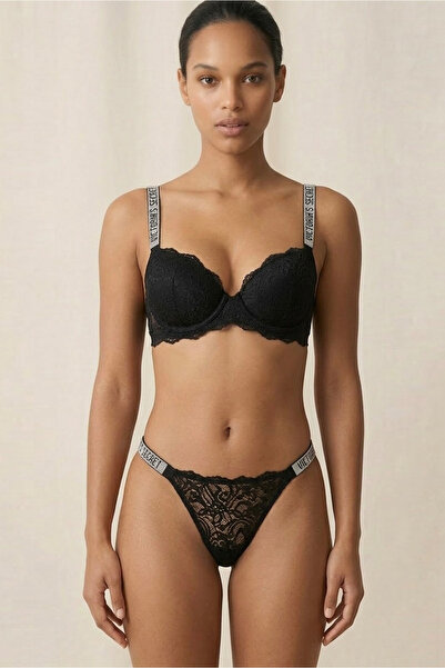 Lorinyo Siyah Dantelli Taşlı Balenli Destekli Dolgulu Sütyen Ve String İç Çam...
