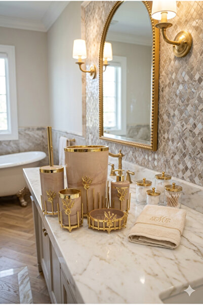 MAKRİ HOME 5-Piece Bathroom Accessory Set with Gold Plated Metal Stand, Marbl...