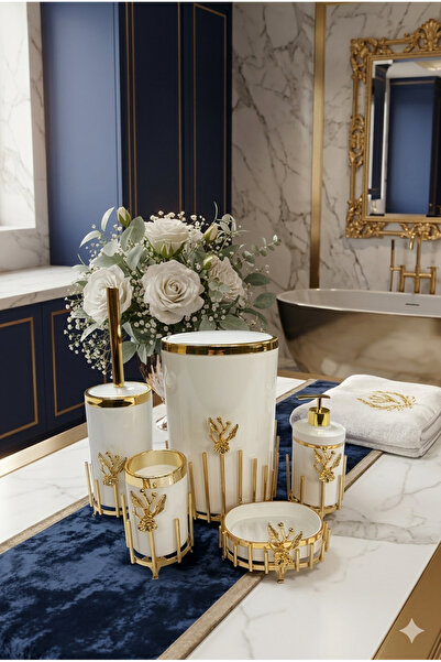 MAKRİ HOME 5-Piece Bathroom Accessory Set with Gold Plated Metal Stand, Marbl...