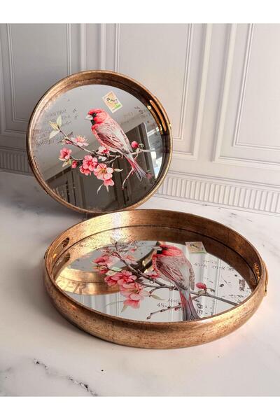 ROSSEV Mirrored Tray Pink Flower Bird Patterned 2-Piece Cherry