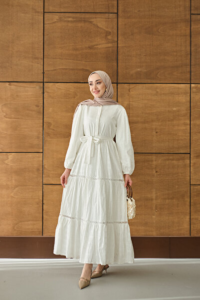 LOCCO Women's Embroidery Detailed Glittery Jacquard Dress White