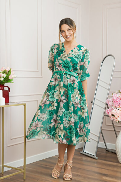 OEM Emerald green chiffon dress with floral print and an adjustable belt