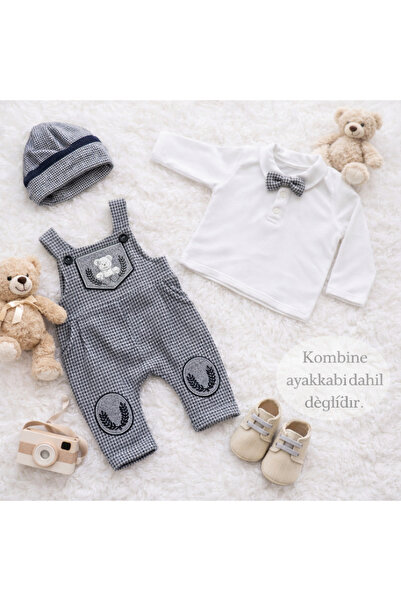 Happy Baby Butik Murat Baby %100 Cotton Baby Boy Salopet T-Shirt Cap Bow Tie Set