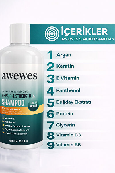 awewes Kepek Karşıtı Onarıcı Şampuan – Argan Yağı, Keratin, Vitamin B3 & Panthenol İçeren şampuan