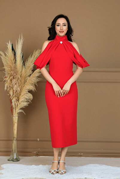 BEYBOS Atlas Fabric Shoulder Bag Detailed Pencil Dress - Red