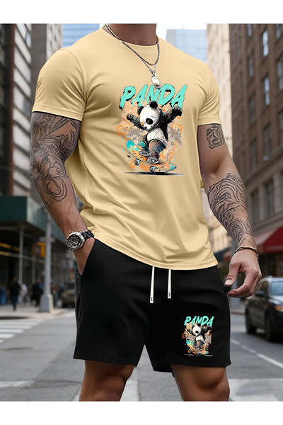 LAVİTTA Panda Printed white t-shirt black shorts knitted top bottom set