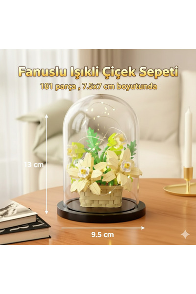 KOBE Fanuslu Işıklı Lego Tarzı Çiçek Sepeti Yapı Blok Seti – 181 Parça, LED P...