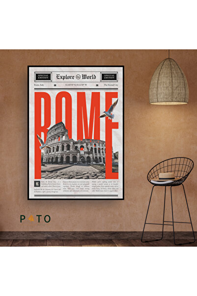 Pato Design 'Vintage Newspaper Rome' Tablo | Siyah Çerçeveli | MDF & UV Baskı