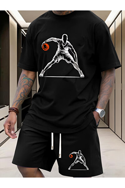 LAVİTTA Basketball Printed white t-shirt black shorts knitted top and bottom set