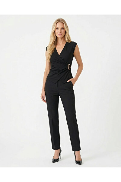 ModaShan Kadın Kruvaze V Yaka Yanı Metal Tokalı Drapeli Kolsuz Şık Bluz