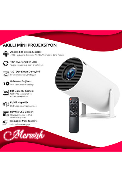 Merwish Mini Akıllı Projeksiyon WiFi Bluetooth 4K Destekli 180° Dönebilen 130...