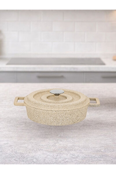 LAVONNI Elexsus 26 cm Cast Granite Flat Pot with Cappuccino Cast Cover Non-Stick