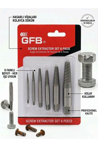 GFB 6 Parça Ters Kılavuz Seti - Kırık Vida Sökücü Ekstraktör Seti - Yalama Vi...