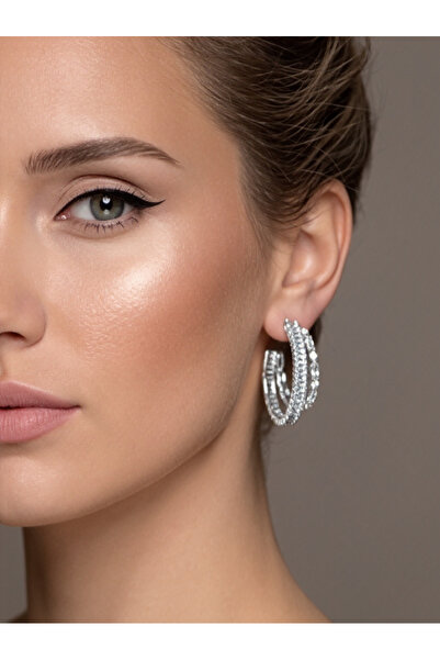 Eva Takı Store İkili Yarım Halka Model Zirkon Taşlı Antialerjik VİP Halka Sil...