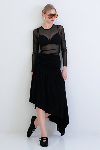 Trend Alaçatı Stili Fusta neagră asimetrică croială în interiorul A cu căptuș...