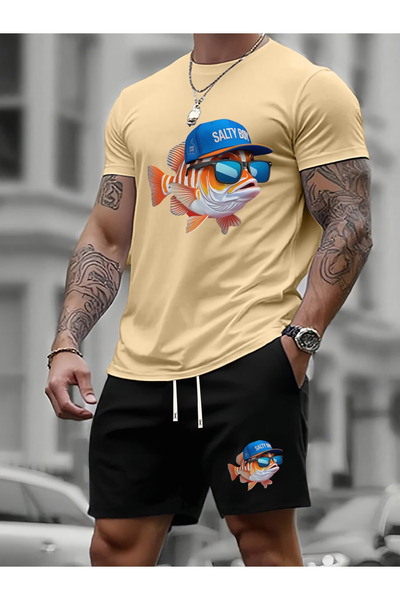 LAVİTTA Salty boy Printed white t-shirt black shorts knitted top bottom set