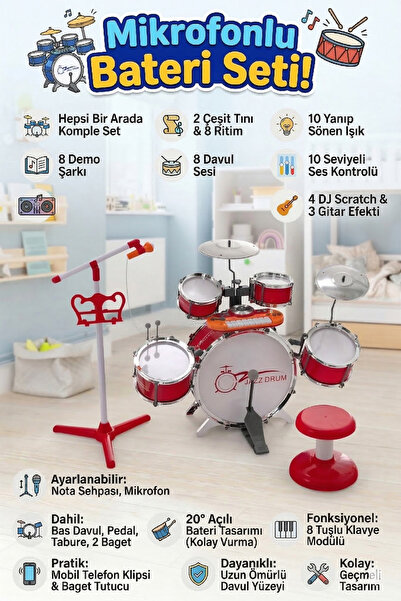 craftivio Mikrofonlu Işıklı Sesli Bateri Seti - Piyanolu Tabureli Bagetli Eği...