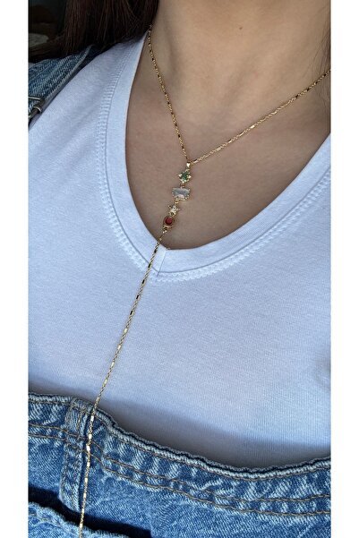 lotusbybuket Steel Multicolored Zircon Stone H Low-Cut Long Gold Necklace