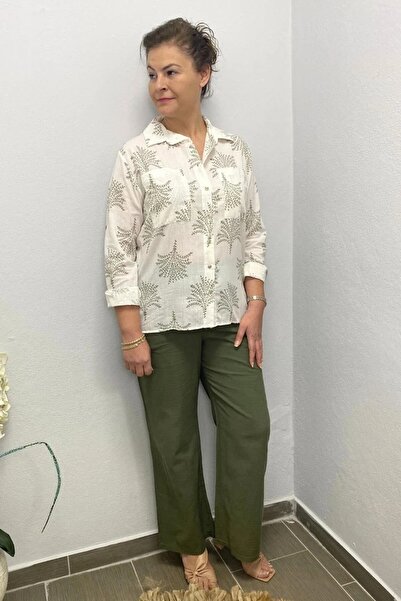 Mia Butik Women's Khaki Leaf Patterned Linen Set
