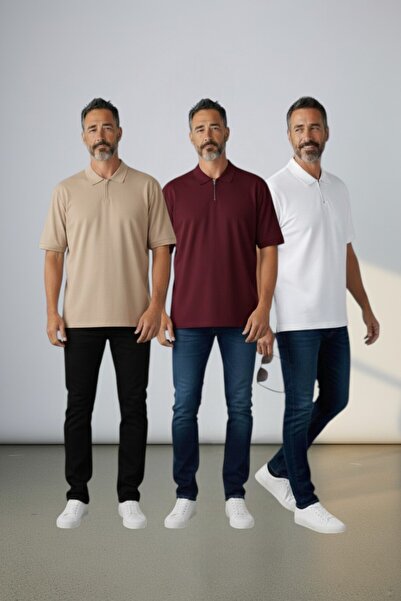 Altamira Men's Beige Claret Red White 3-Piece Half-Zip Basic Casual T-Shirt Pack