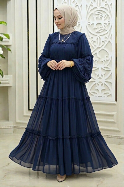 Safgiyim44 Chiffon Ruffle Dress - Navy Blue