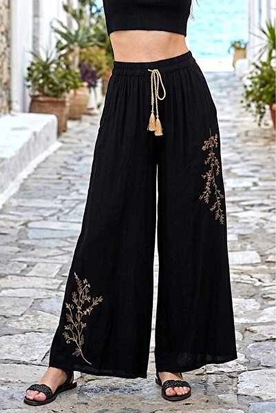 Tubik Kadın Otantik Nakış Detaylı Geniş Paça Cepli Viskon Pantolon