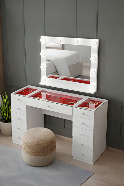 Setay Aynalı Makyaj Masası, Velvet Cam Üst Bölmeli Takı Düzenleyicili Şifonyer