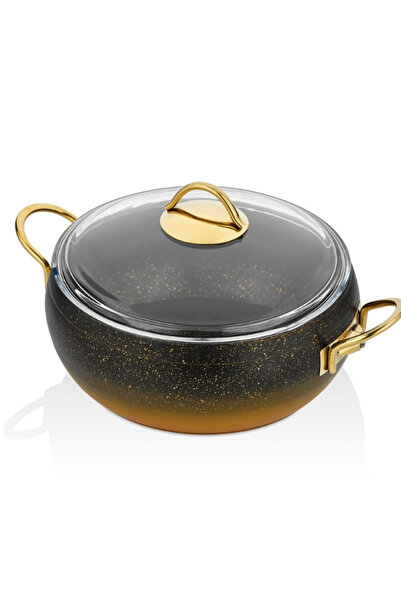 LAVONNI Caldora 28 cm Deep Granite Casserole Pot with Gold Handle and Glass L...