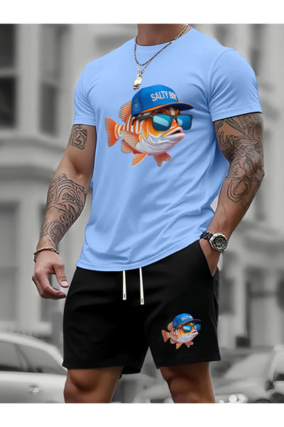 LAVİTTA Salty Boy Printed White T-Shirt Black Shorts Knitted Bottom Top Set