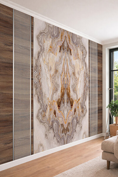 dreamwall Ahşap Çıta Detaylı Damarlı Mermer Görünümlü Modern Tek Parça Teksti...