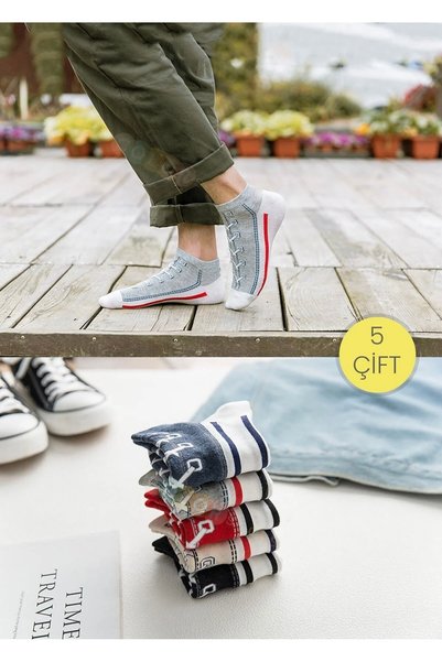 UZN SOCKS 5 Çift Unisex Sneaker Görünümlü Soket Çorap Renkli Bağcık Desenli P...