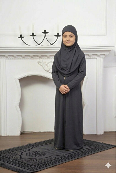 Defkay Kız Çocuk Namaz Elbisesi - Kendinden Başörtülü Önü Fermuarlı Pratik Model